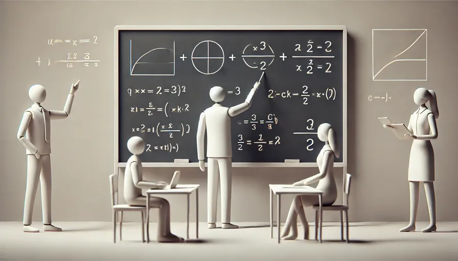 a simplified, abstract image featuring a teacher and students discussing differentiation concepts in front of a chalkboard with equations.