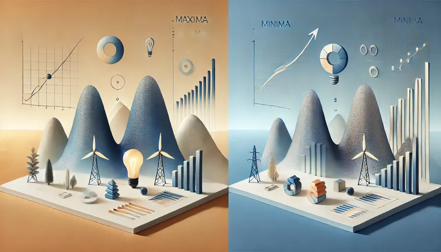 an abstract representation of the concepts discussed, blending the themes of maxima, minima, and cost efficiency in a minimalistic, visually appealing way