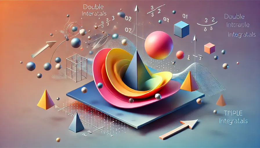 an abstract representation based on the content. It visually captures the essence of double and triple integrals with artistic simplicity and mathematical clarity.