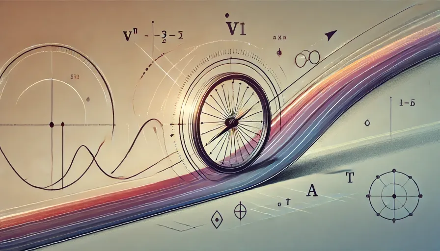 abstract illustration based on the motion and acceleration concepts discussed. The image integrates symbols of movement, such as curved paths and a rotating wheel, with abstract graphical elements representing velocity and acceleration.